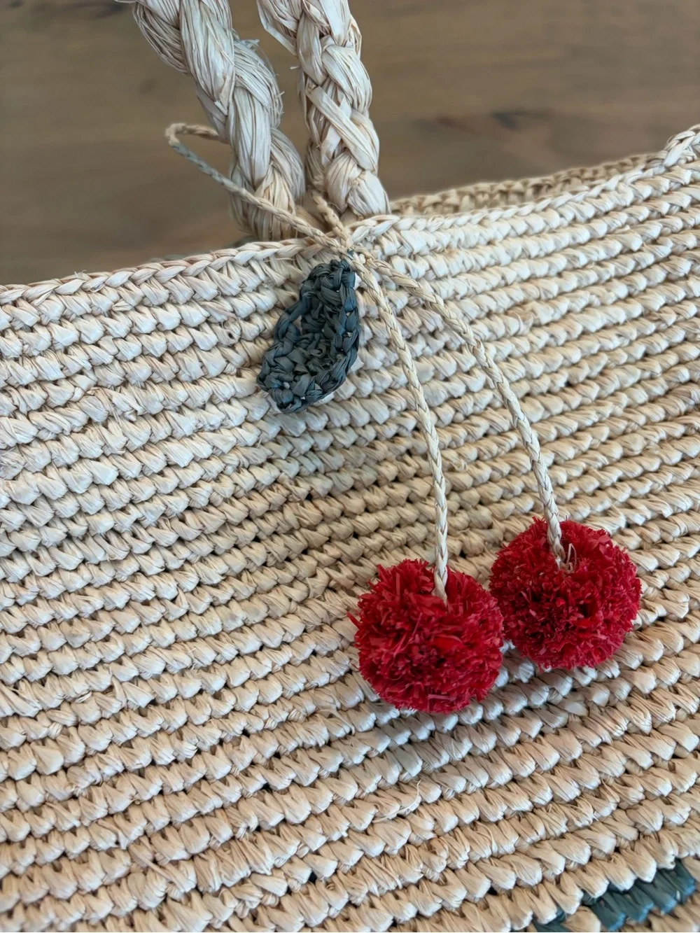 NWT $285 Bonpoint Fama Raffia Tote Bag with Red Cherries